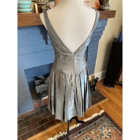 Carmen Marc Valvo Collection 8 Metallic Slate Blue Jacquard Silk Dress Lined - Picture 8 of 16